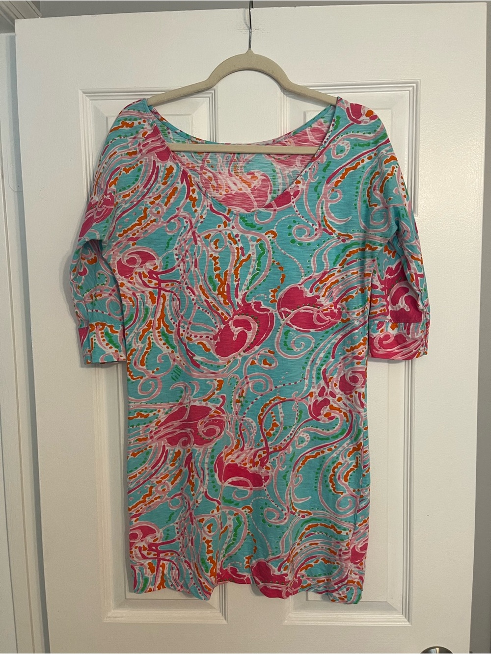 Lilly Pulitzer Turquoise, Pink & Orange Cotton Scoop Neck Tunic Top